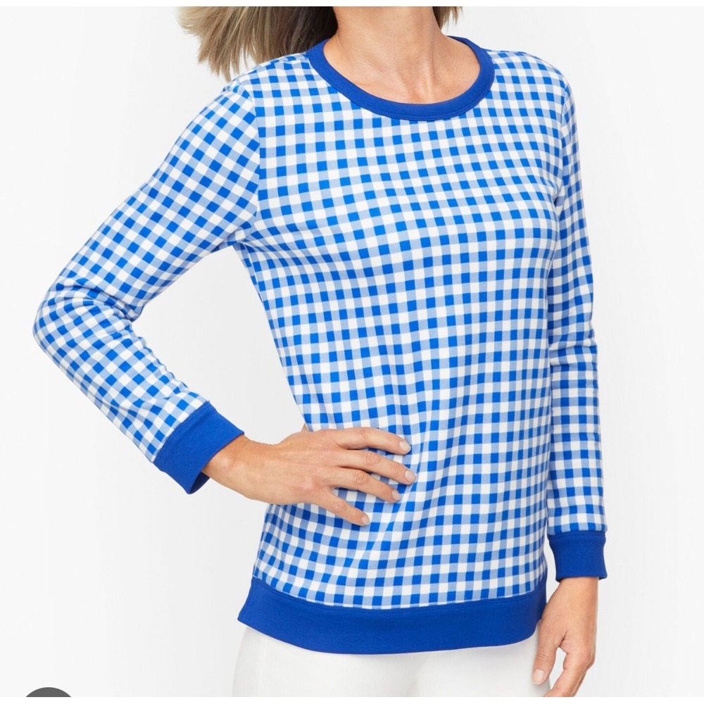 Talbots Women's Blue Gingham Long Sleeve Crew Neck Top Casual lg